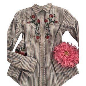 Country Royalty Womens Western Rodeo Shirt Embroidered Roses Stripes Snap Button